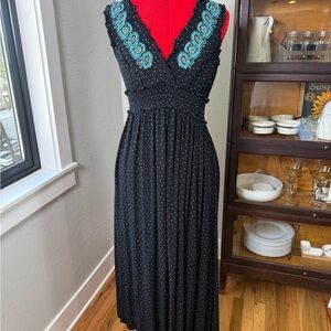 Mystree Black Polka Dot Embroidered V-Neck Boho Sleeveless Dress Size S